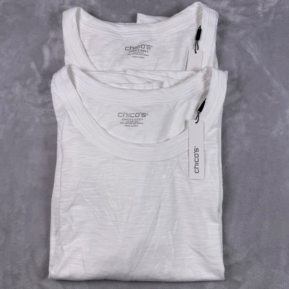 Chicos Cotton Slub Scoop Neck Elbow Tee Alabaster‎ White Size 4 XXL Set of 2 NEW